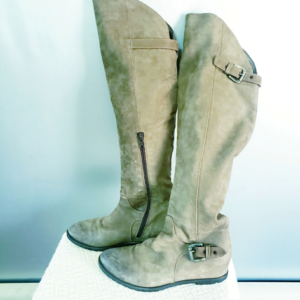 WOMANS MEDIUM SHADE GRAY/BROWN NAPOLEONI KNEE HIGH LEATHER BOOTS. SZ 5